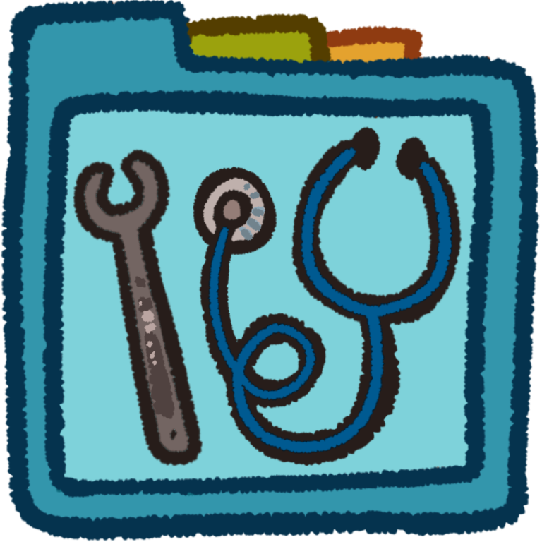 a wrench and stethoscope inside a teal folder that has green and orange folder tabs behind it.